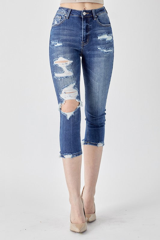 Risen Dawn High Rise Distressed Denim Jean Capri - Be You Boutique