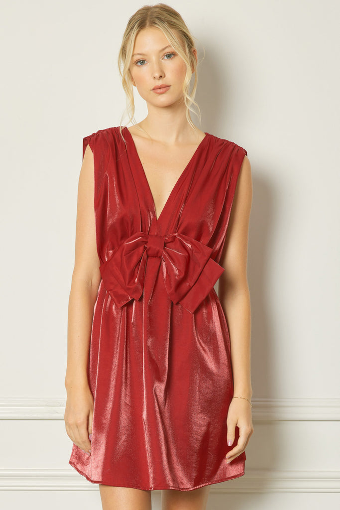 Ramey Metallic V Neck Holiday Dress With Bow - Be You Boutique