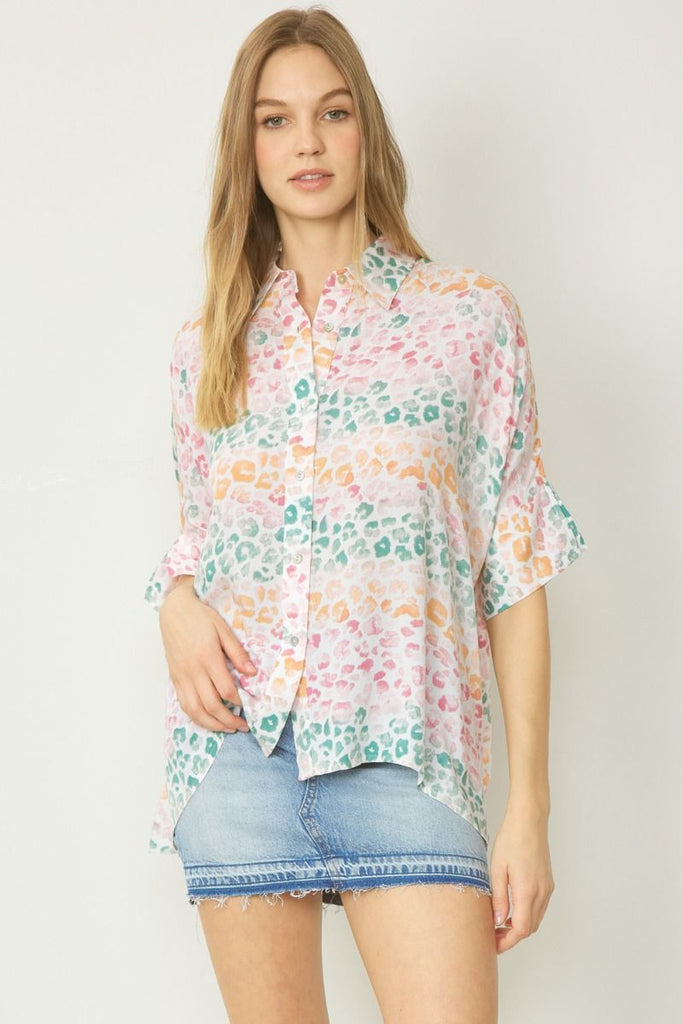Greyson Multi Color Print Button Up Collared Top - Be You Boutique