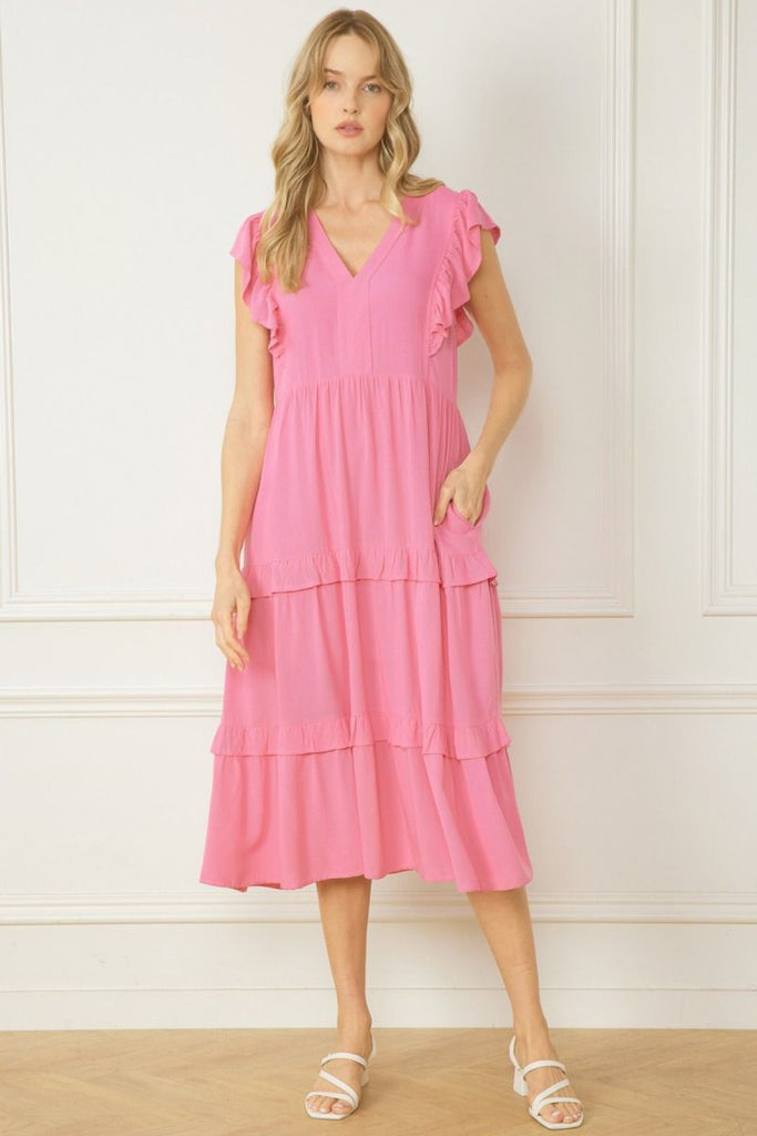 Lisa V Neck Ruffle Sleeve Tiered Midi Dress - Be You Boutique