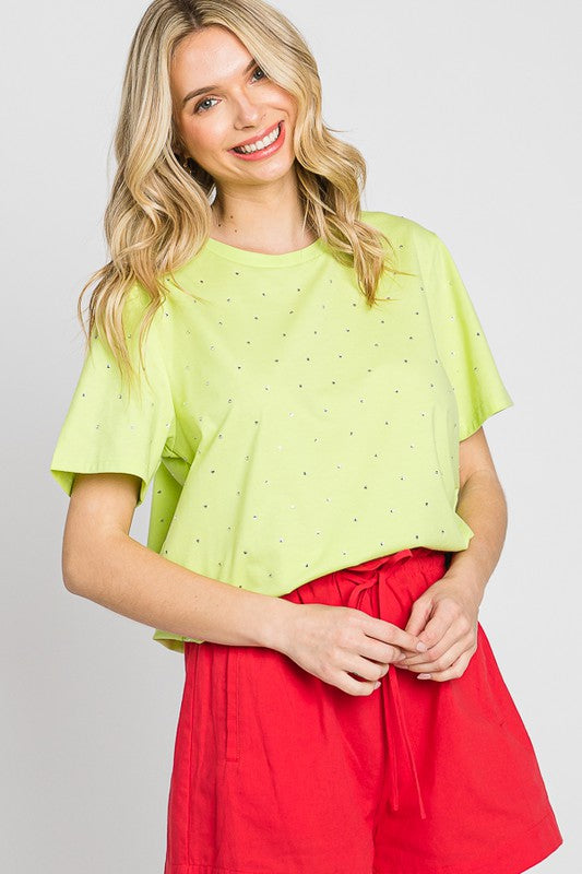 Andy Rhinestone Detail Short Sleeve Crew Neck Top - Be You Boutique