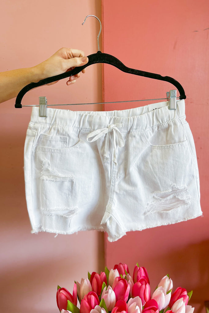 Larry High Rise Distressed Elastic Waist Pull On Denim Jean Shorts - Be You Boutique