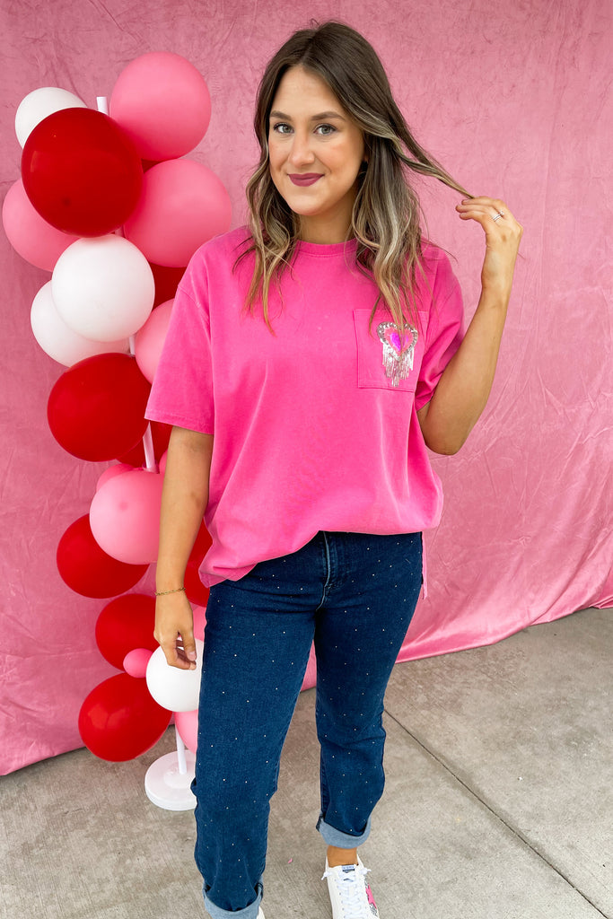 Riley Washed Cotton Sequin Heart Patch Pocket Tee - Be You Boutique