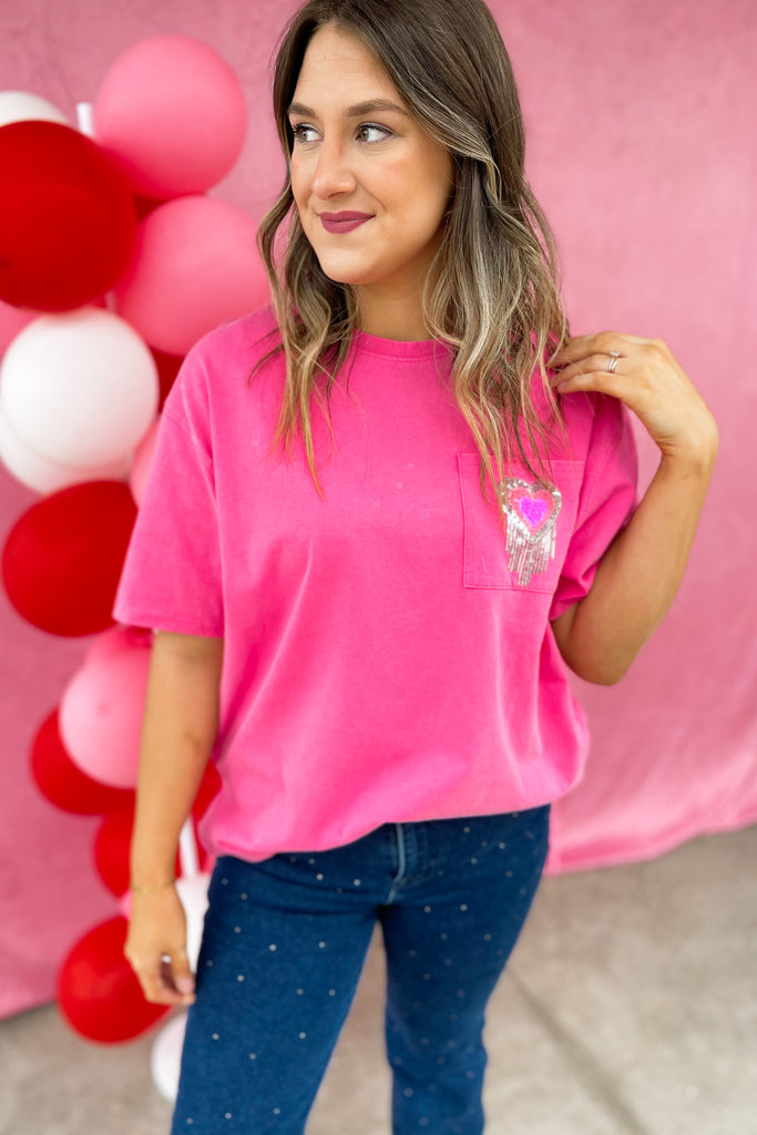 Riley Washed Cotton Sequin Heart Patch Pocket Tee - Be You Boutique