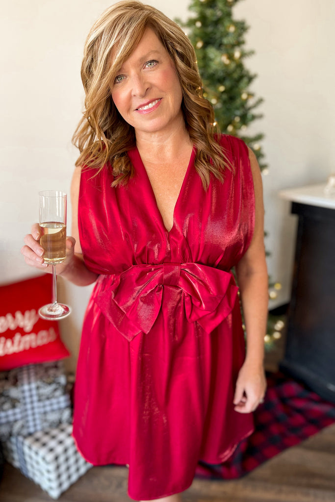 Ramey Metallic V Neck Holiday Dress With Bow - Be You Boutique