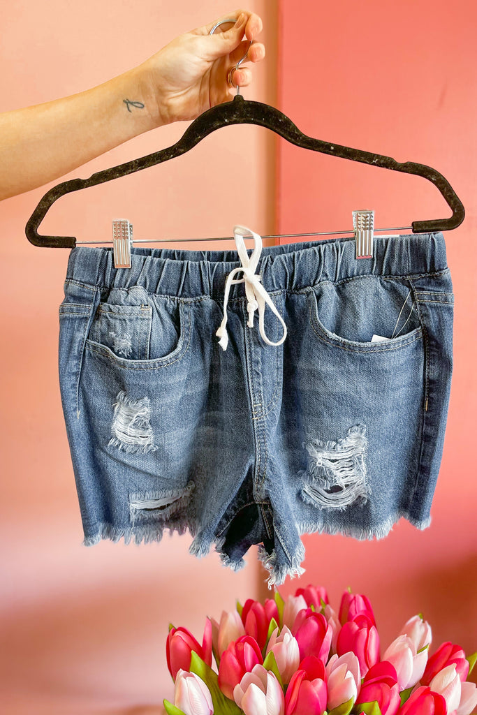 Larry High Rise Distressed Elastic Waist Pull On Denim Jean Shorts - Be You Boutique