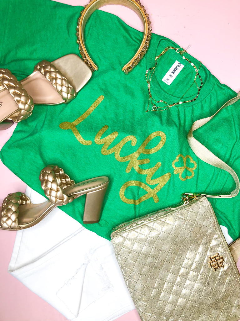 Lucky Gold Sparkly "Lucky" Graphic Tee *FINAL SALE* - Be You Boutique