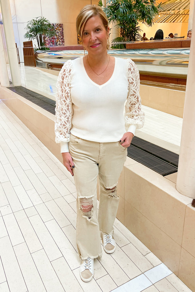 Marcel V Neck Long Sheer Sleeve Ribbed Top - Be You Boutique