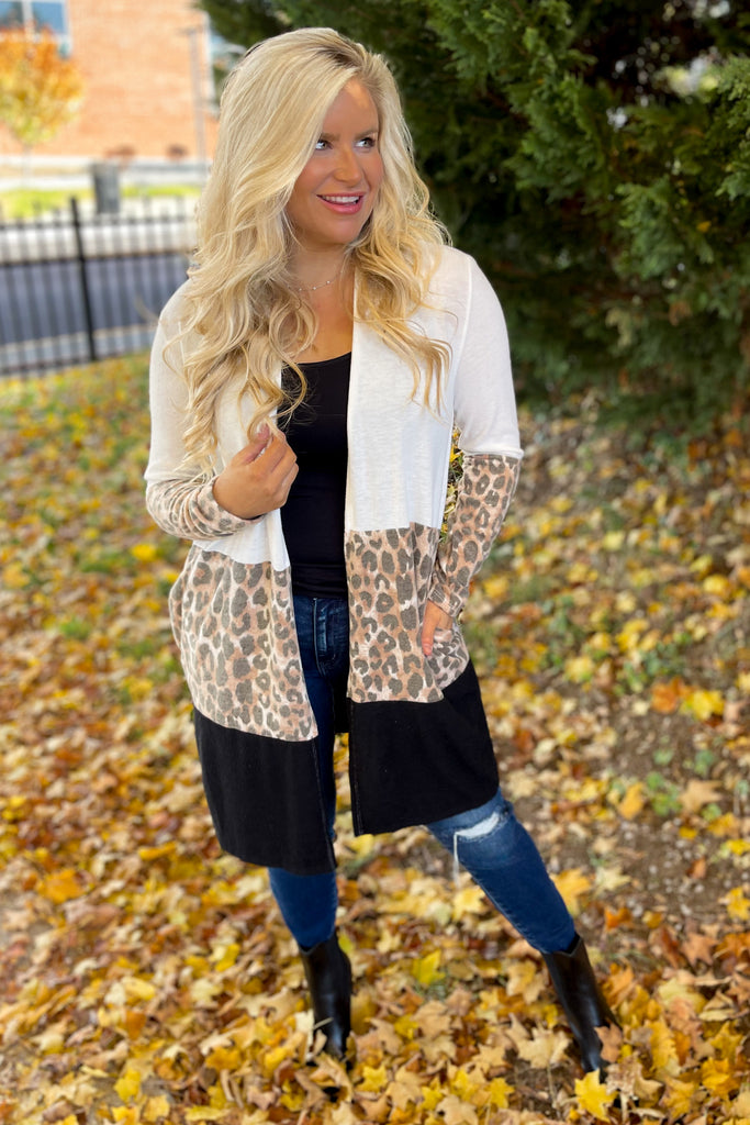 Matilda Cashmere Feel Animal Print Color Block Cardigan - Be You Boutique