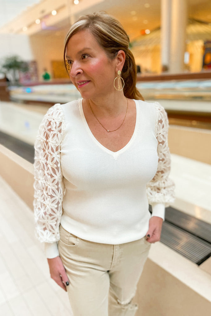 Marcel V Neck Long Sheer Sleeve Ribbed Top - Be You Boutique