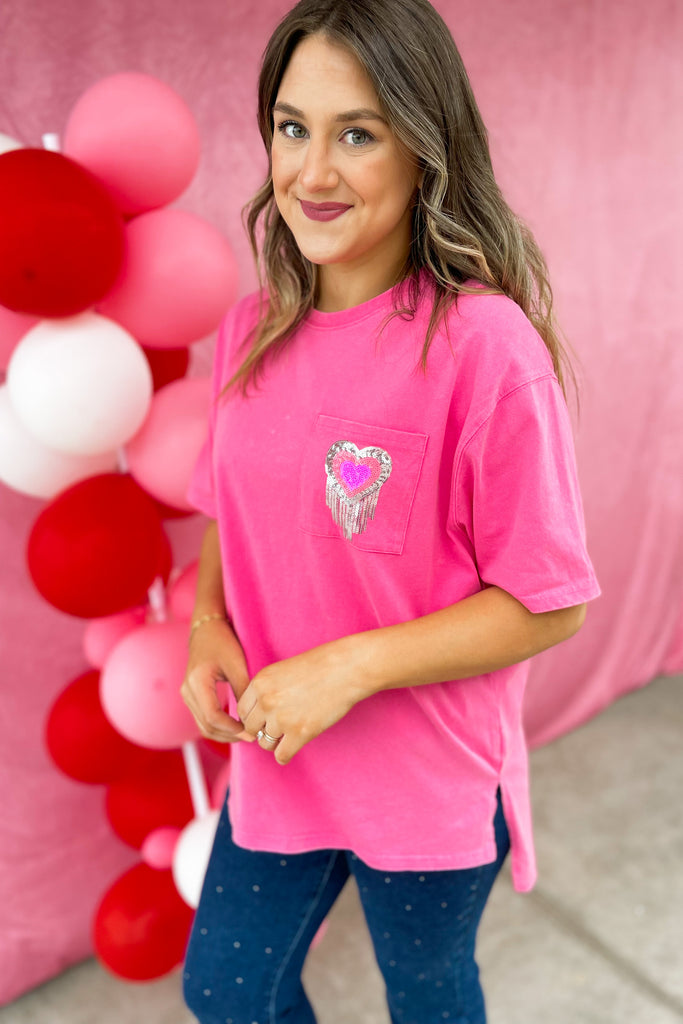 Riley Washed Cotton Sequin Heart Patch Pocket Tee - Be You Boutique