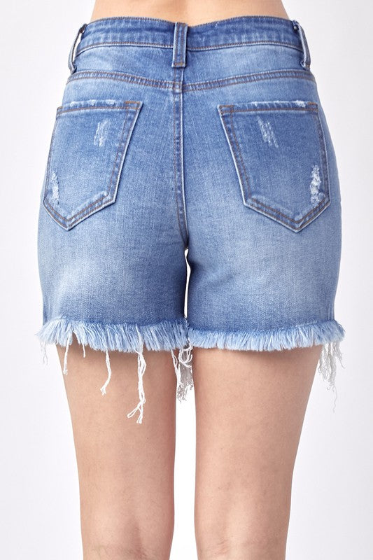 Risen Kale High Rise Mid-Thigh Distressed Denim Jean Shorts - Be You Boutique