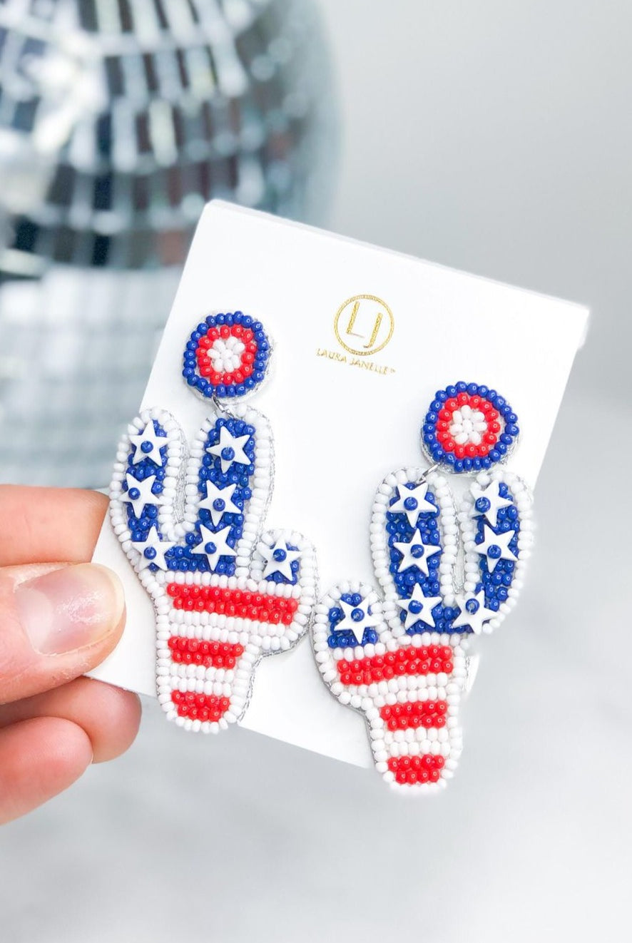 4th of July Red / White/ Blue Patriotic Cactus Earrings - Be You Boutique